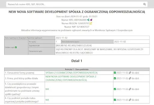 NEW NOVA SOFTWARE DEVELOPMENT Sp. z o.o в реестре