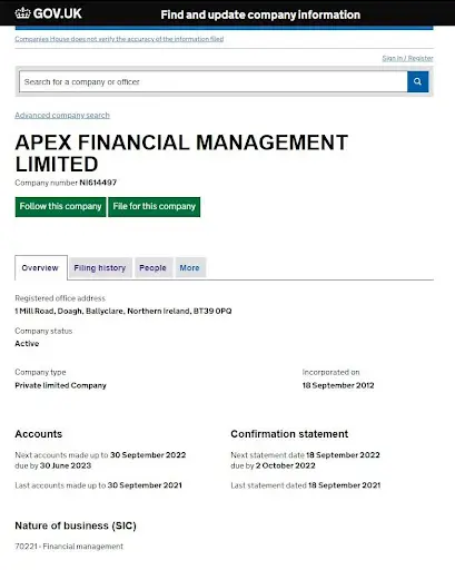 Регистрация липового брокера Apex Trade